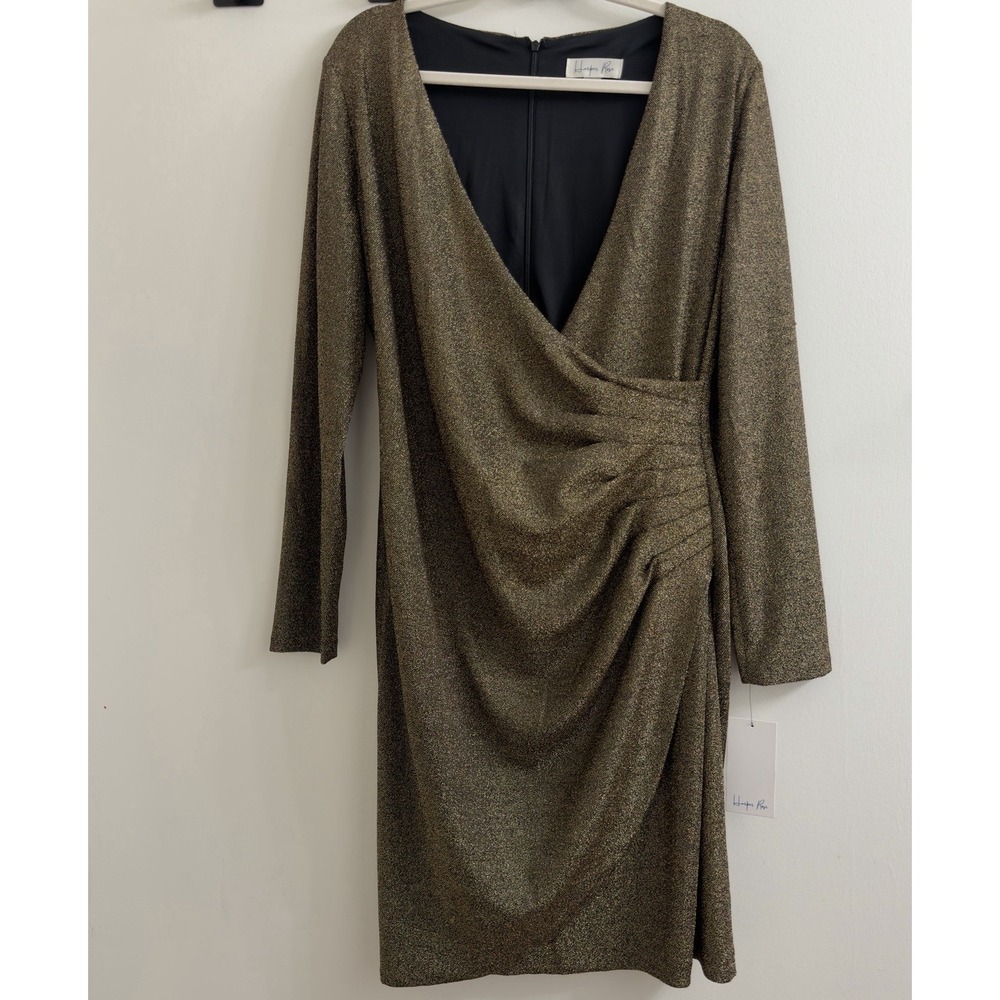 Harper Rose Gold Metallic Ruche Dress PL4H965B Long Sleeve V-Neck Cocktail